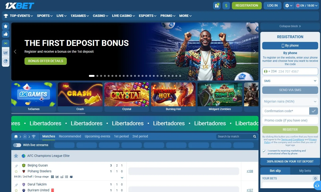 Official 1xBet Nigeria public interface showing English menus, a +234 phone field and Nigerian naira