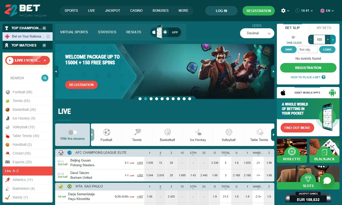 Official 22Bet public sportsbook interface with English menus, live events and bet slip