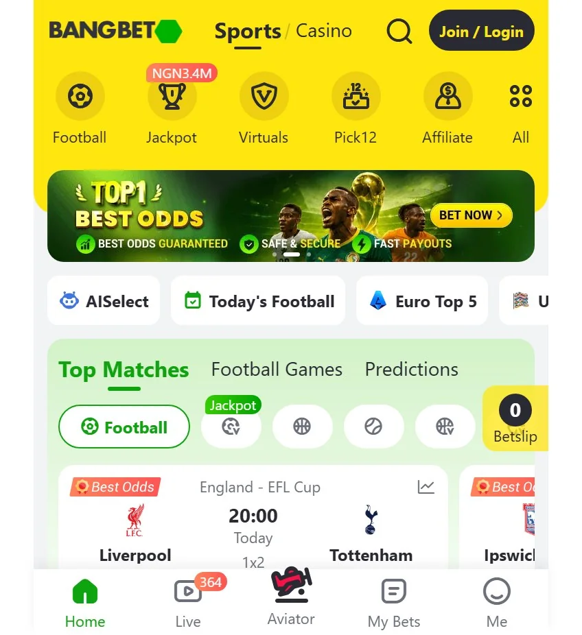 Official BangBet Nigeria mobile sportsbook showing NGN, navigation and a football market