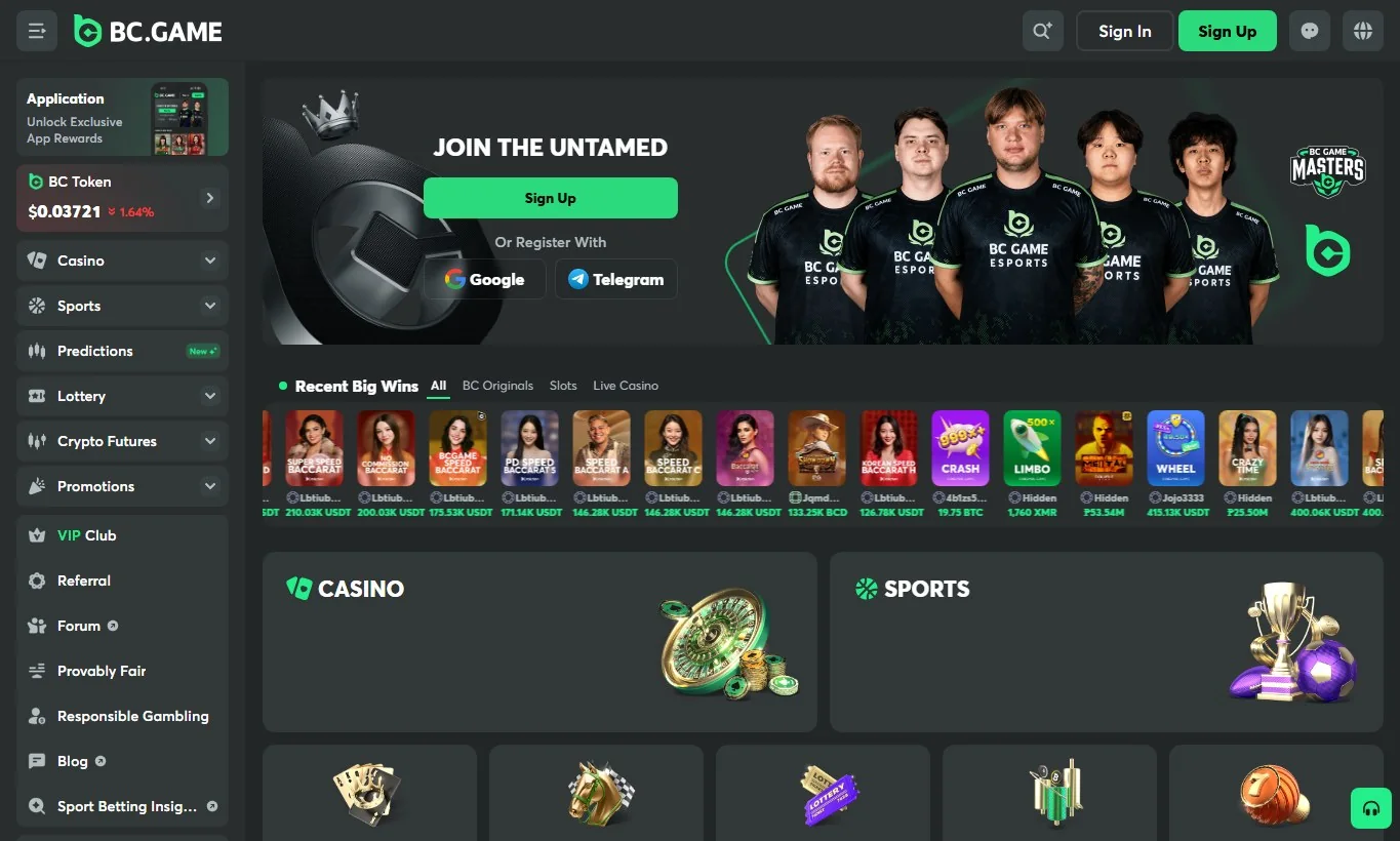 Official BC.Game public casino interface with English navigation and game categories