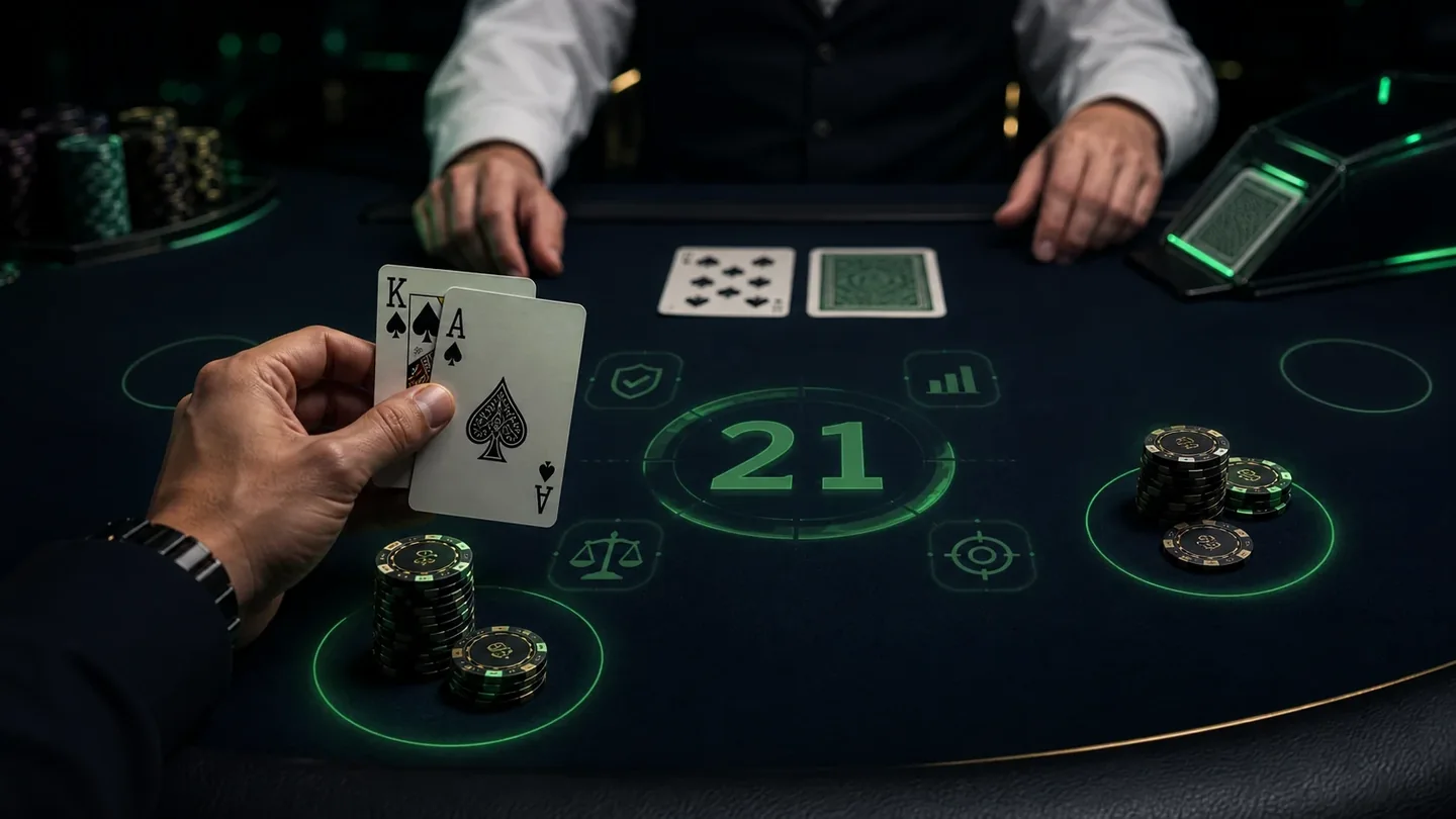 Blackjack table with dealer and player hands