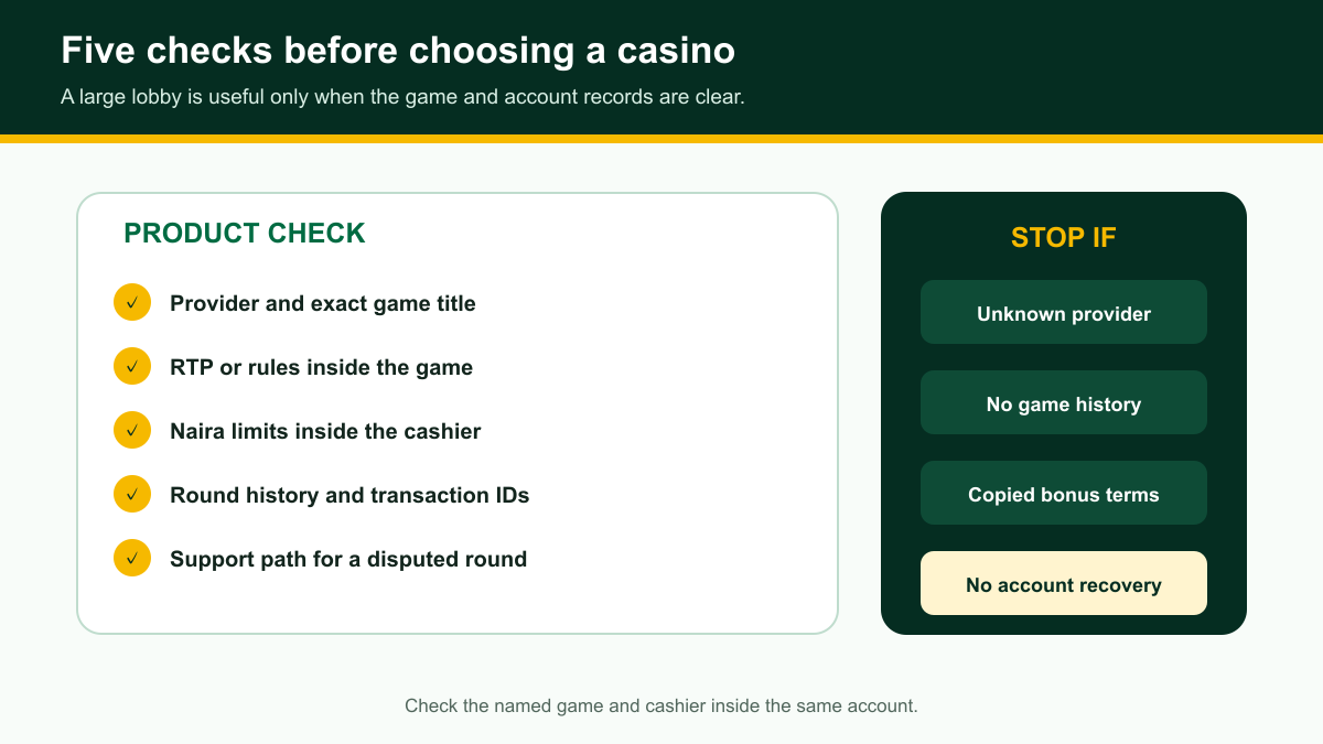 Five-point online casino check covering provider, rules, Naira limits, history and support