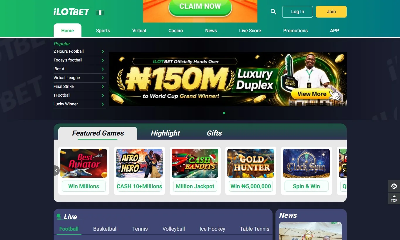 Official iLOTBET public interface with Nigerian flag, navigation and featured games