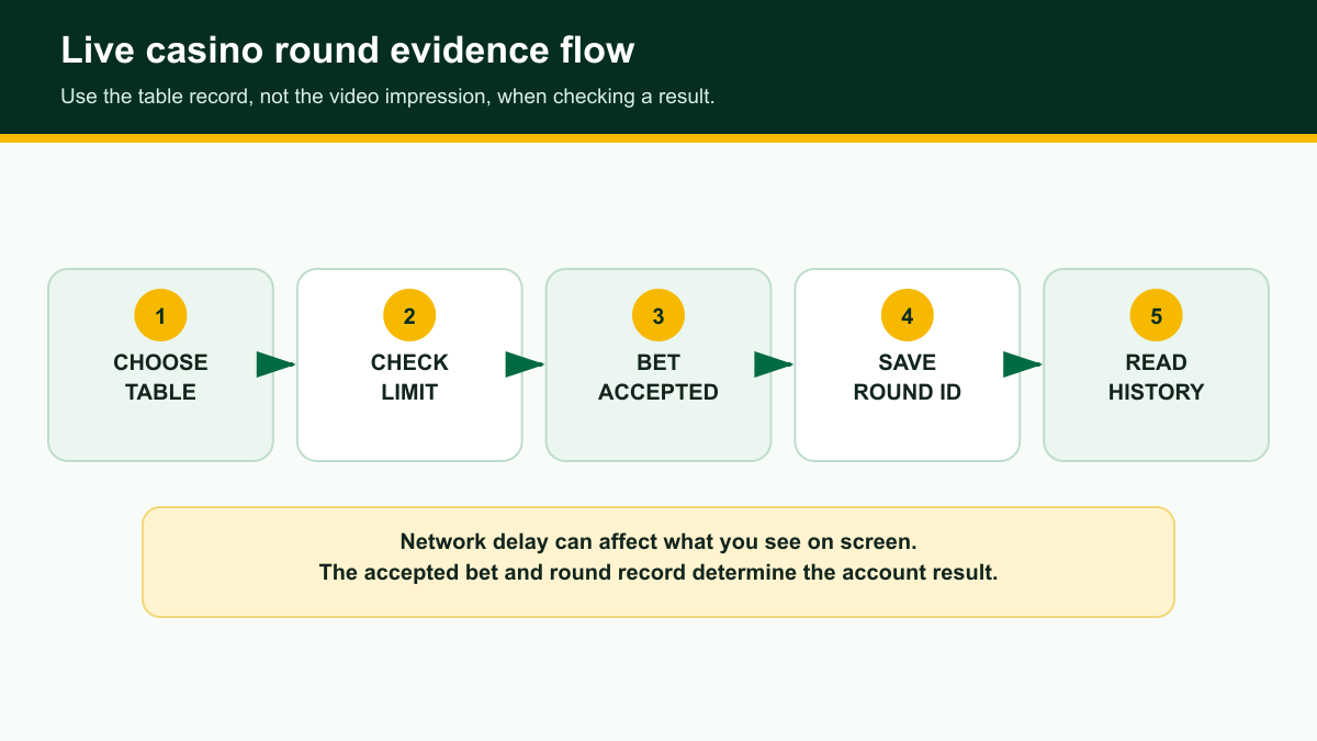 Live casino round evidence flow from table selection to round history