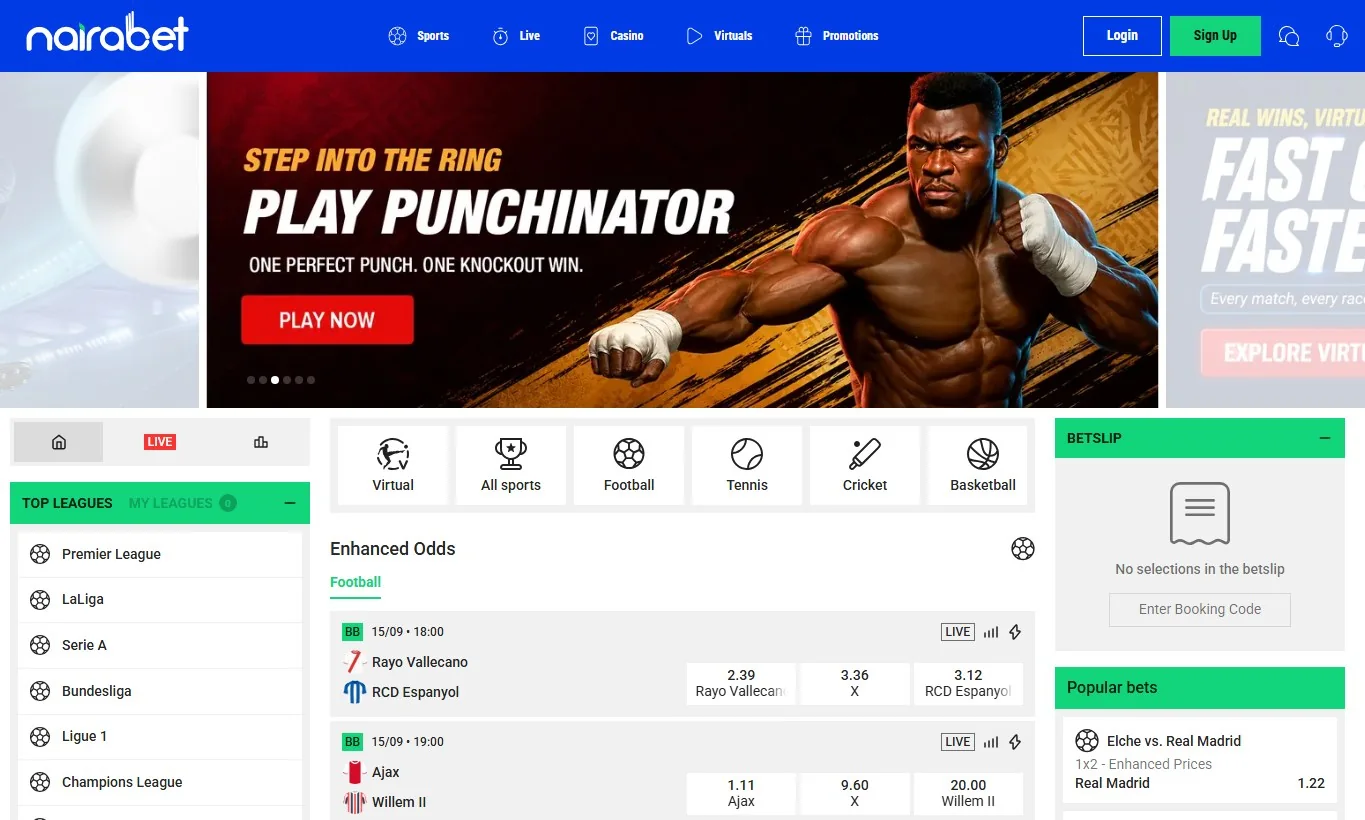 Official NairaBET public interface with sports, live, casino and virtual navigation