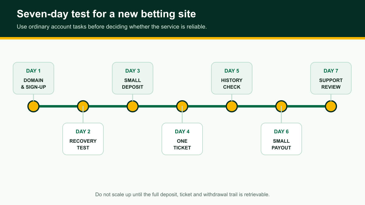 Seven-day practical test for a new betting site from domain check to support review