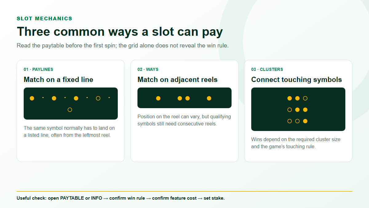 Slot mechanics map showing reels paylines symbols stake and spin