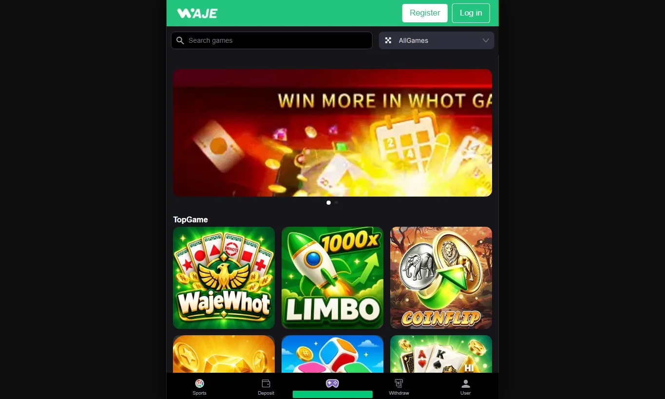 Official Waje Nigeria public games interface opened through a Nigerian route